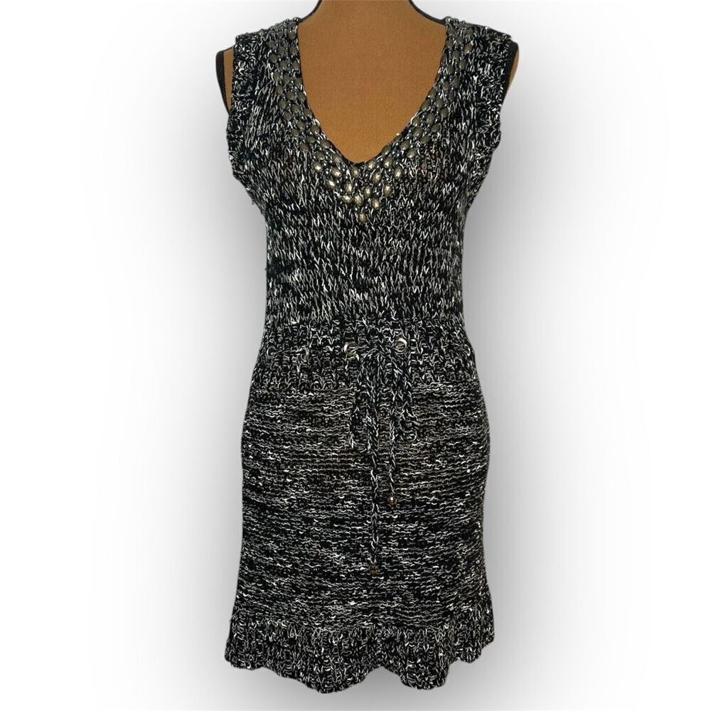 BCBGMaxazria Black Gray Beaded Loose Knit Beachy Sweater Dress, Women’s Medium - Picture 2 of 10